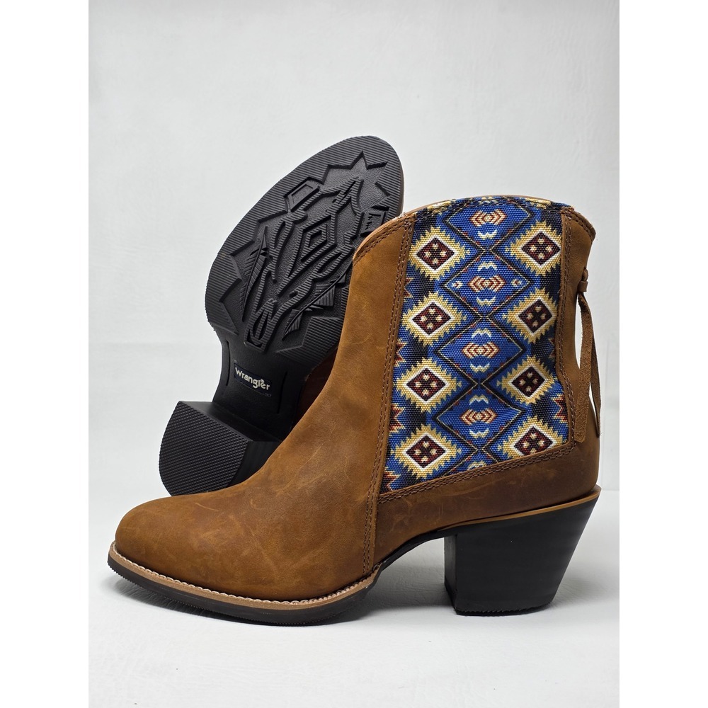 Wrangler Womens Brown Leather Tapestry Western Ankle Boots KWB0006 Size 8.5 B